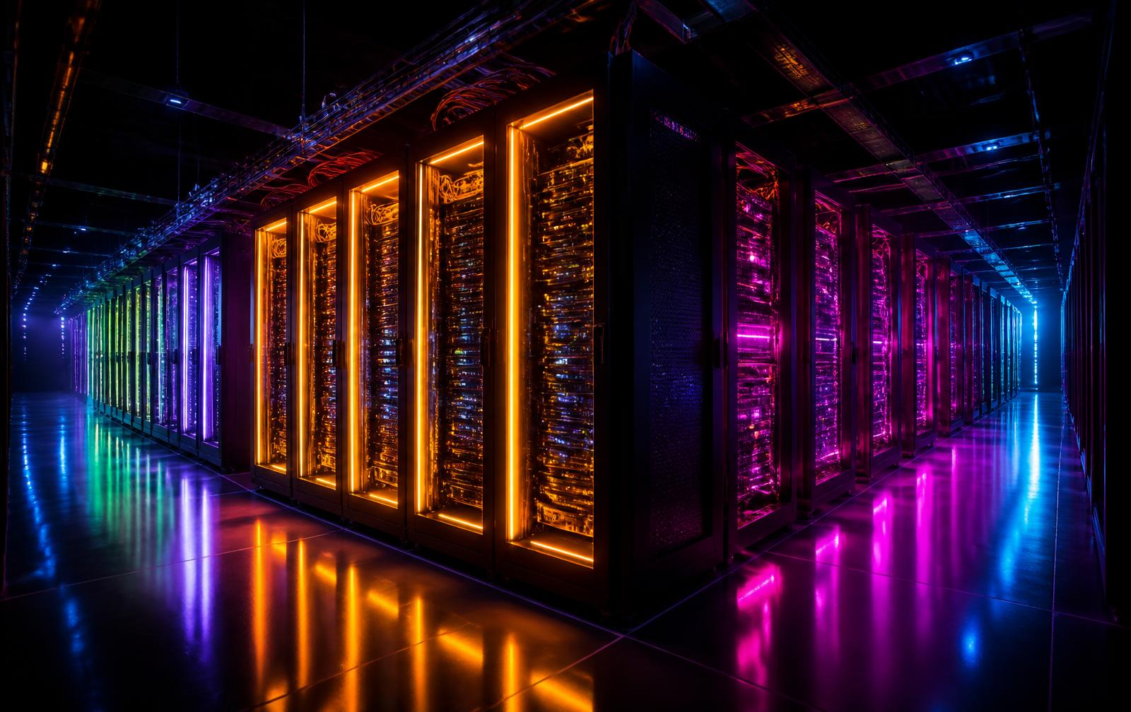 Rows of GoOblivion server racks lit with orange, magenta, violet and cyan RGB lighting